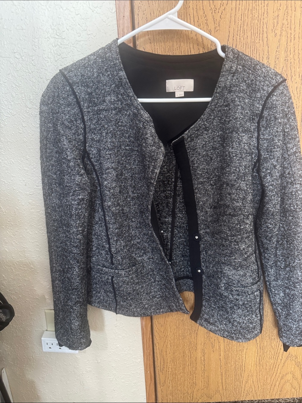 LOFT Black and Gray Textured Open-Front Blazer